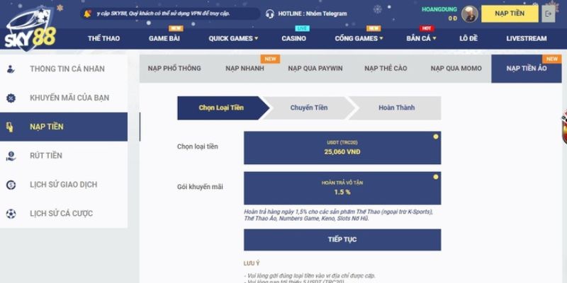 Nạp tiền Sky88 Nạp tiền tại Sky88 nhanh chóng thông qua Paywin